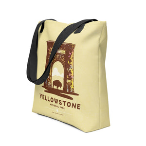 A spacious and trendy tote bag with original art by Jonathan Rice of Yellowstone National Park in Idaho, Montana and Wyoming.  This classy bag depicts the historic Roosevelt Arch—a gateway to Yellowstone—with a bison standing in the middle of the entry. Bag is 15” x 15” with a 11.8” handle and carry a maximum weight of 44 lbs. It makes a great gift for friends, family and National Park lovers. 