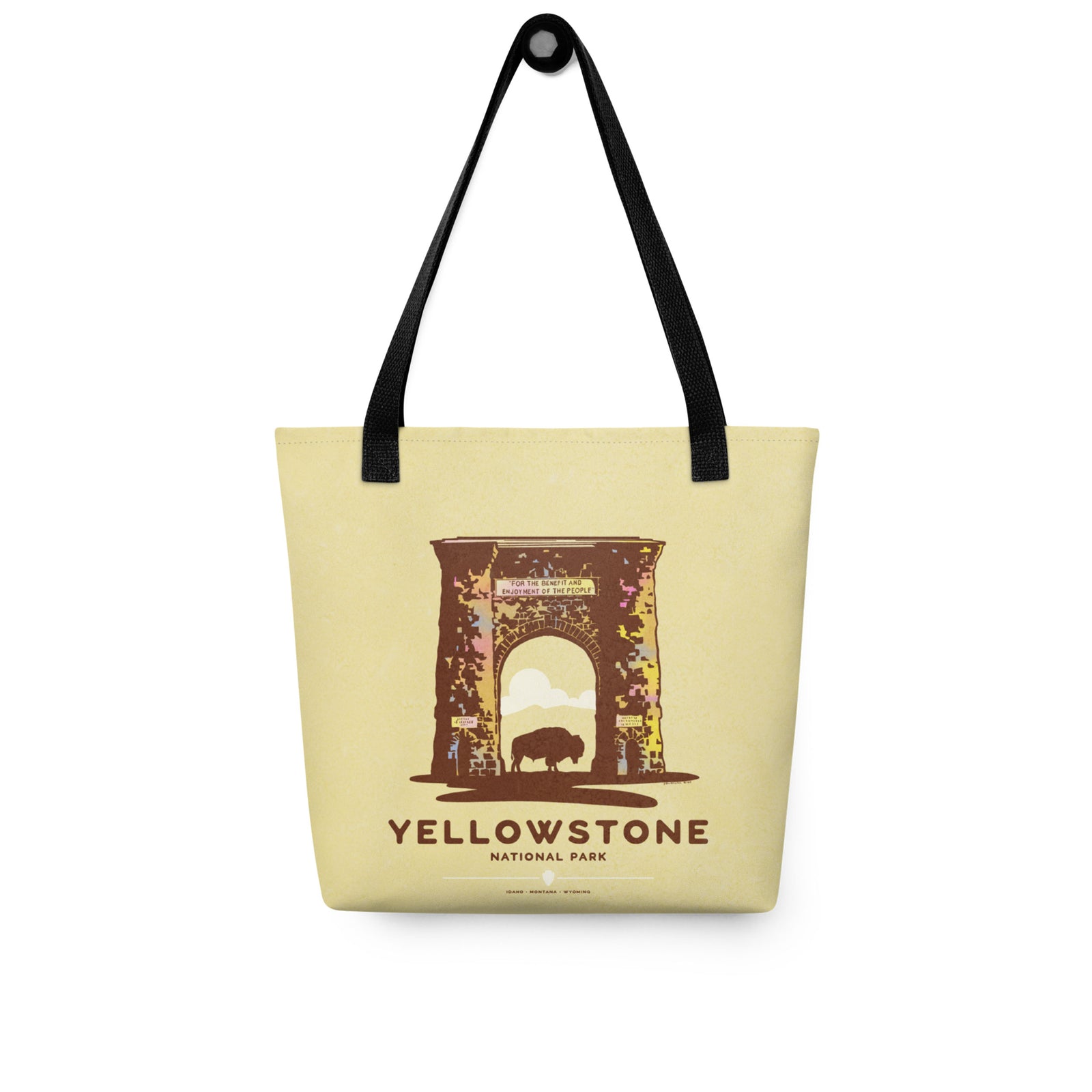 A spacious and trendy tote bag with original art by Jonathan Rice of Yellowstone National Park in Idaho, Montana and Wyoming.  This classy bag depicts the historic Roosevelt Arch—a gateway to Yellowstone—with a bison standing in the middle of the entry. Bag is 15” x 15” with a 11.8” handle and carry a maximum weight of 44 lbs. It makes a great gift for friends, family and National Park lovers. 