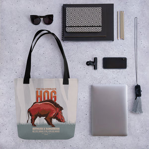 A spacious and trendy tote bag with original Retro Style Humorous Arkansas Razorback art by Jonathan Rice. This classy bag depicts an Arkansas Razorback on both sides. Bag is 15” x 15” with a 11.8” handle and carry a maximum weight of 44 lbs. It makes a great gift for friends, family and hog lovers. 