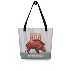 A spacious and trendy tote bag with original Retro Style Humorous Arkansas Razorback art by Jonathan Rice. This classy bag depicts an Arkansas Razorback on both sides. Bag is 15” x 15” with a 11.8” handle and carry a maximum weight of 44 lbs. It makes a great gift for friends, family and hog lovers. 