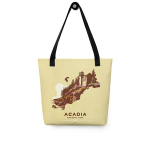 A spacious and trendy tote bag with original art by Jonathan Rice of Acadia National Park in Texas. This classy bag depicts the historic Bass Harbor Head Light Station—with a Bald Eagle flying overhead. Bag is 15” x 15” with a 11.8” handle and carry a maximum weight of 44 lbs. It makes a great gift for friends, family and National Park lovers. 