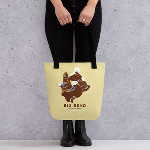 A spacious and trendy tote bag with original art by Jonathan Rice of Big Bend National Park in Texas. This classy bag depicts a Balanced Rock in Big Bend with a Mountain Lion perched on top. Bag is 15” x 15” with a 11.8” handle and carry a maximum weight of 44 lbs. It makes a great gift for friends, family and National Park lovers. 