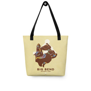 A spacious and trendy tote bag with original art by Jonathan Rice of Big Bend National Park in Texas. This classy bag depicts a Balanced Rock in Big Bend with a Mountain Lion perched on top. Bag is 15” x 15” with a 11.8” handle and carry a maximum weight of 44 lbs. It makes a great gift for friends, family and National Park lovers. 