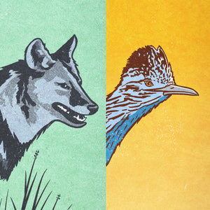 Close-up detail of coyote and roadrunner vintage wildlife poster artwork