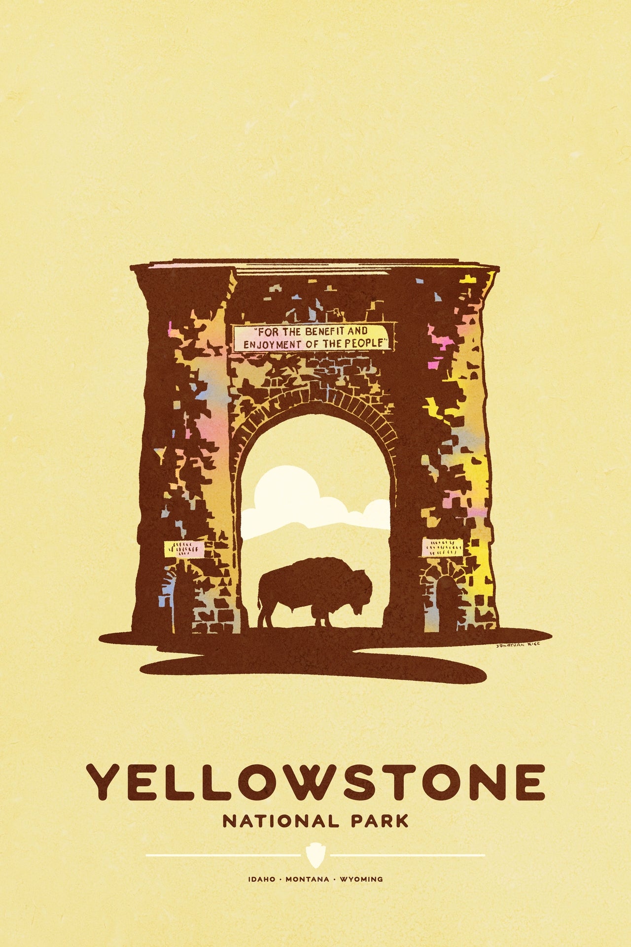 Yellowstone National Park poster featuring Roosevelt Arch with bison silhouette in vintage graphic style