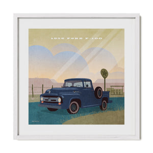 1956 Ford F-100 vintage pickup wall art in a white frame.