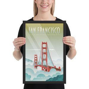 Product mockup of Illustrated travel poster featuring the Golden Gate Bridge rising out of soft blue and white fog, with sunlight streaking across a golden sky and a white jet flying above. The design has a retro, vintage texture and a mid-century modern style. Text reads “San Francisco” at the top and “Dreams Cast in Golden Fog” at the bottom.