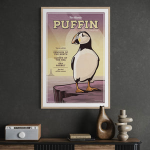 Atlantic Puffin coastal bird print in oak frame displayed in an office.