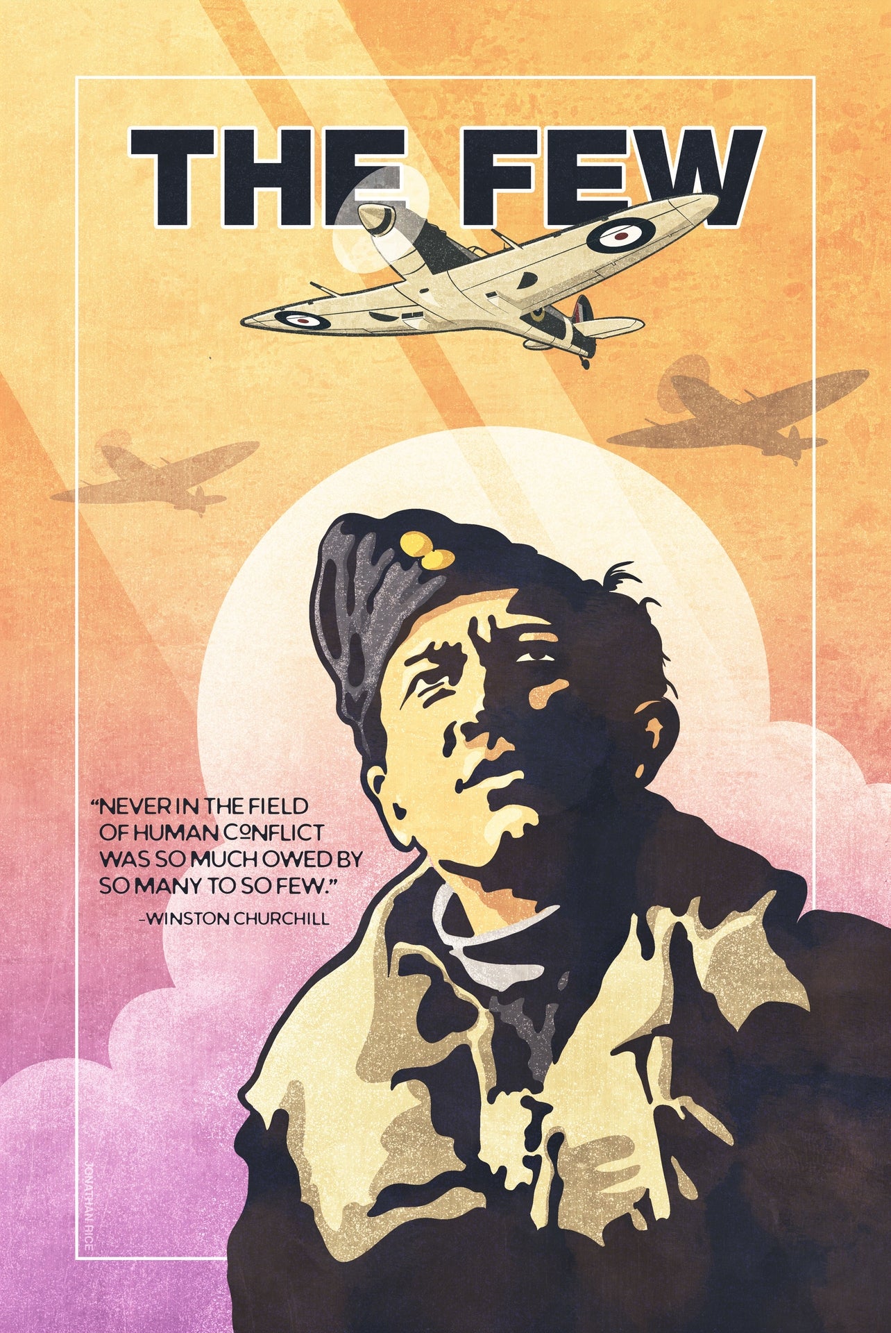 WWII aviation poster featuring Spitfire aircraft and RAF pilot portrait inspired by The Few Battle of Britain