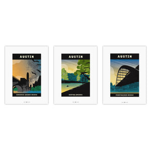 Unframed Austin Gallery Set of 3 featuring Barton Springs, Congress Avenue Bats and Pennybacker Bridge