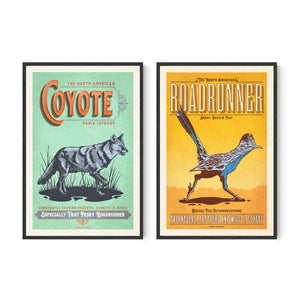 Coyote and roadrunner wall art set in black frames, vintage wildlife poster pair