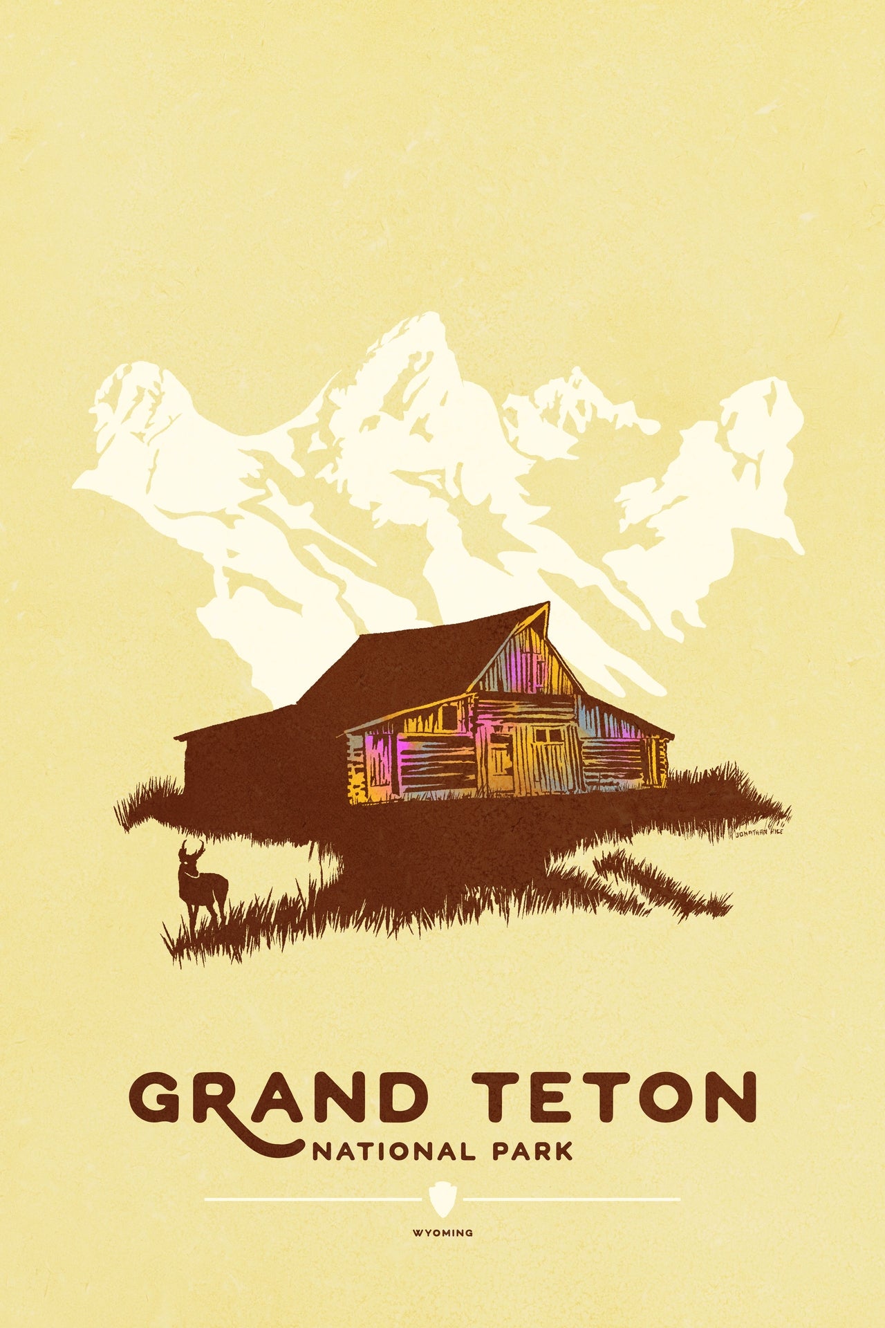 Grand Teton National Park poster featuring T.A. Moulton Barn with Teton mountains in graphic style