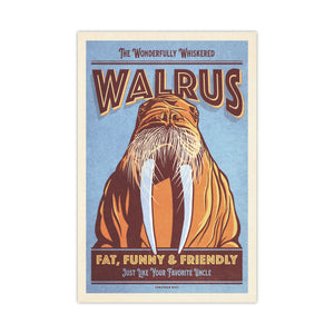 Unframed Walrus art print featuring a wonderfully whiskered walrus with long tusks in a textured vintage poster style.