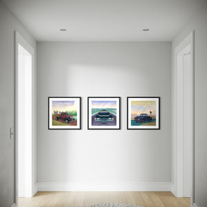 Three framed Western vehicle posters featuring a 1938 Chevy Stakebed Truck, Cadillac Eldorado with longhorns and 1956 Ford F-100 displayed in a hallway