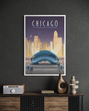 Chicago — Cloud Gate poster by Jonathan Rice white frame office mockup