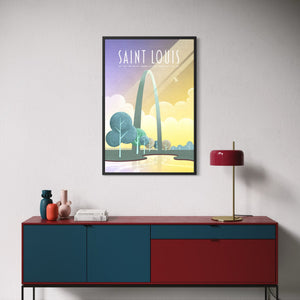 Framed Saint Louis Gateway Arch travel poster displayed above a modern credenza