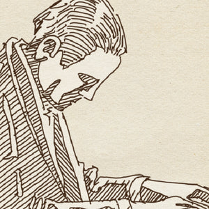 Close-up of Piano Man digital sketch highlighting the pianist's concentrated expression, detailed hands, piano keys, and fine crosshatched shading.