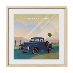 1956 Ford F-100 classic pickup poster in a natural oak frame.