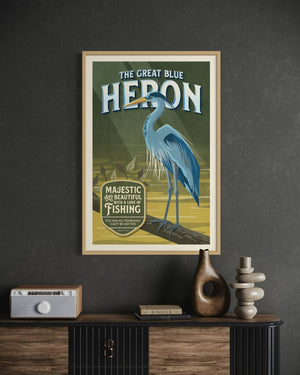 Great Blue Heron poster by Jonathan Rice oak frame room mockup
