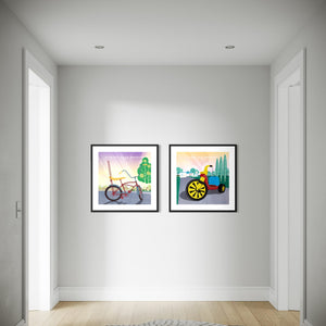 Big Wheel and Banana Seat Bike gallery set displayed in walnut frames in a modern hallway