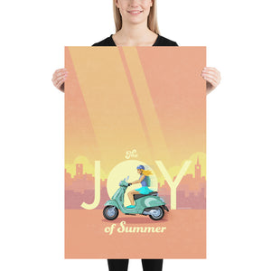 Product mockup of Italian scooter art print and poster. This poster captures the joy of riding a Vespa scooter through on a bright summer day with its bright vibrant colors, bold design, and headline “The Joy of Summer.”