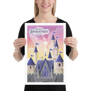 Product mockup of an Illustrated poster of a whimsical stone castle with tall blue-roofed towers, glowing sunset sky, and a fairy hovering above. Text reads “Experience Enchantment – Fly Into Fantasy.