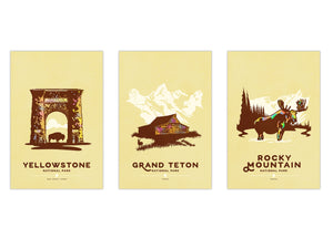 Yellowstone Grand Teton Rocky Mountain national park poster set unframed 
