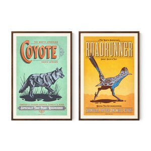 Coyote and roadrunner wall art set in walnut frames, vintage wildlife poster pair
