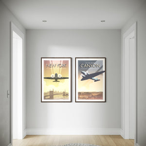 DC-3 New York and Grand Canyon vintage aviation posters displayed together as framed wall art in a modern hallway