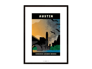 Austin, Texas — Congress Avenue Bridge Bats poster black frame