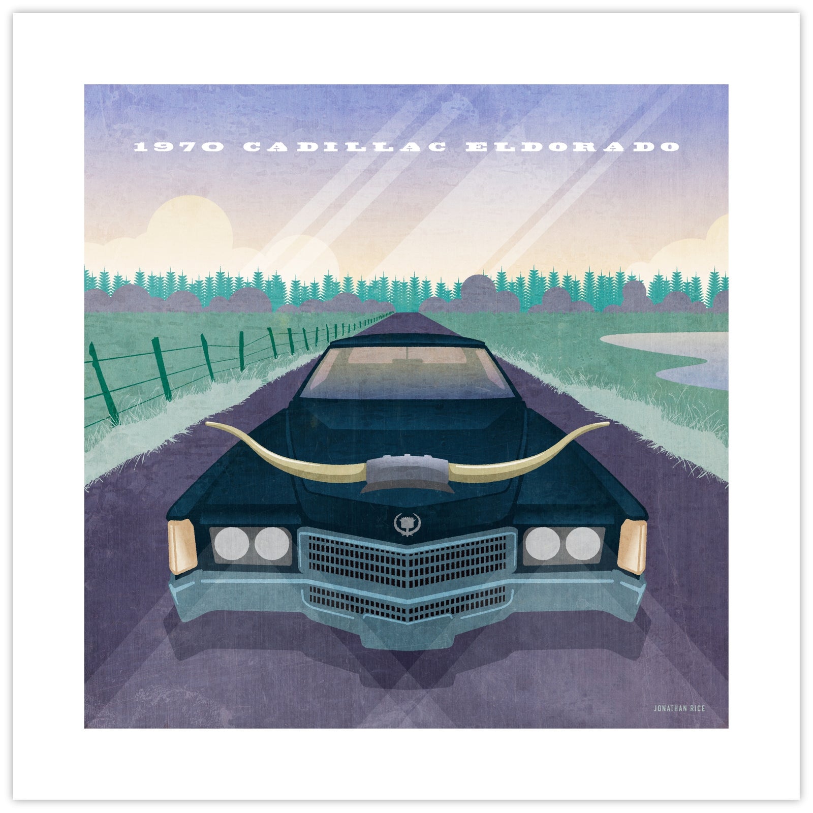 1970 Cadillac Eldorado vintage car poster featuring a dark blue classic Cadillac with longhorns mounted across the hood on a Texas country road
