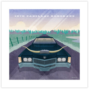 1970 Cadillac Eldorado vintage car poster featuring a dark blue classic Cadillac with longhorns mounted across the hood on a Texas country road
