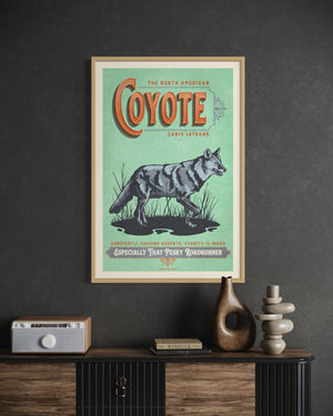 Coyote poster by Jonathan Rice oak frame room mockup