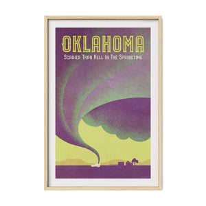 Oklahoma tornado poster in a natural oak frame featuring a stylized tornado sweeping across the Oklahoma plains.
