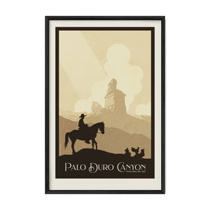 Black framed Palo Duro Canyon cowboy poster featuring a silhouetted horseback rider traveling through the canyon beneath the towering Lighthouse formation.