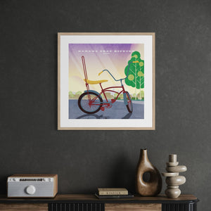 Banana Seat Bicycle poster in a natural oak frame displayed in a home office