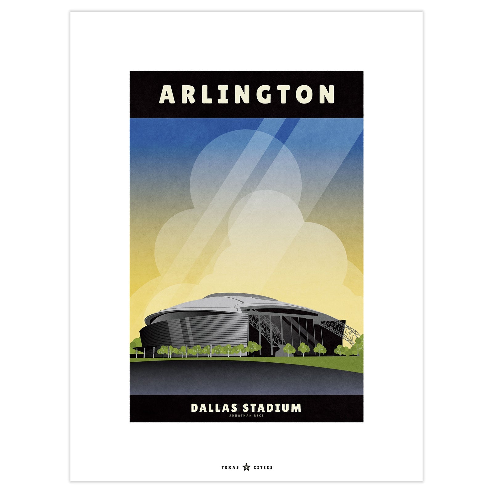 Vintage-style Dallas Stadium poster featuring the iconic Arlington, Texas venue beneath a bright blue sky in a clean graphic travel poster design.