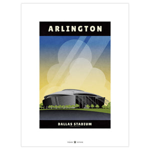 Vintage-style Dallas Stadium poster featuring the iconic Arlington, Texas venue beneath a bright blue sky in a clean graphic travel poster design.