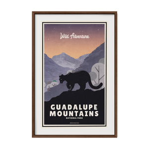 Guadalupe Mountains National Park poster showcased in a walnut wood frame that adds warmth and timeless character to the artwork.