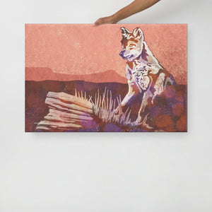 Modern style giclée art print of a Coyote standing on a rock in the wild. With its warm tones, vibrant foreground colors and gritty texture with a minimalist mountainous background. Canvas Wrap Size 36" x 24"