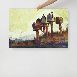 Modern style giclée art print of rural mailboxes on a corner. It is brightly colored, yet has gritty texture overall. There is a field and farm house in the background. Canvas Wrap size 36" x 24"