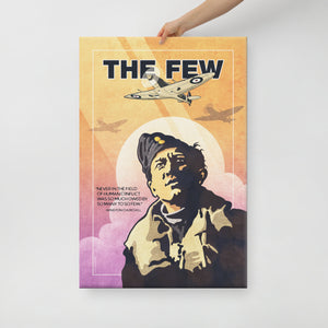 Retro style giclée art print depicting a WWII pilot looking up in the sky as Spitfire fighter planes fly overhead. It has the words “The Few” at the top. The print’s dusty warm colors combined with bright magentas makes for a stunning image. There is a famous quote by Winston Churchill on the print. Canvas Wrap Size 24" x 36"