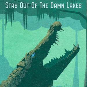 Close-up detail of Florida alligator poster showing the textured gator, swamp landscape, and vintage graphic illustration