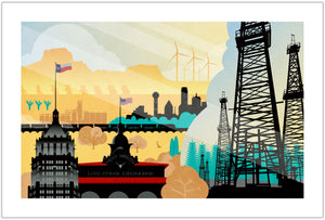 Built on Texas poster vintage style featuring oil rigs, rail line, skyline, and wind turbines