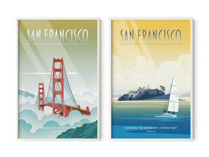 San Francisco gallery set of two travel posters featuring the Golden Gate Bridge and Alcatraz in white wood frames, size 24x36