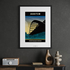 Austin Texas travel poster featuring the Pennybacker Bridge displayed in contemporary home decor