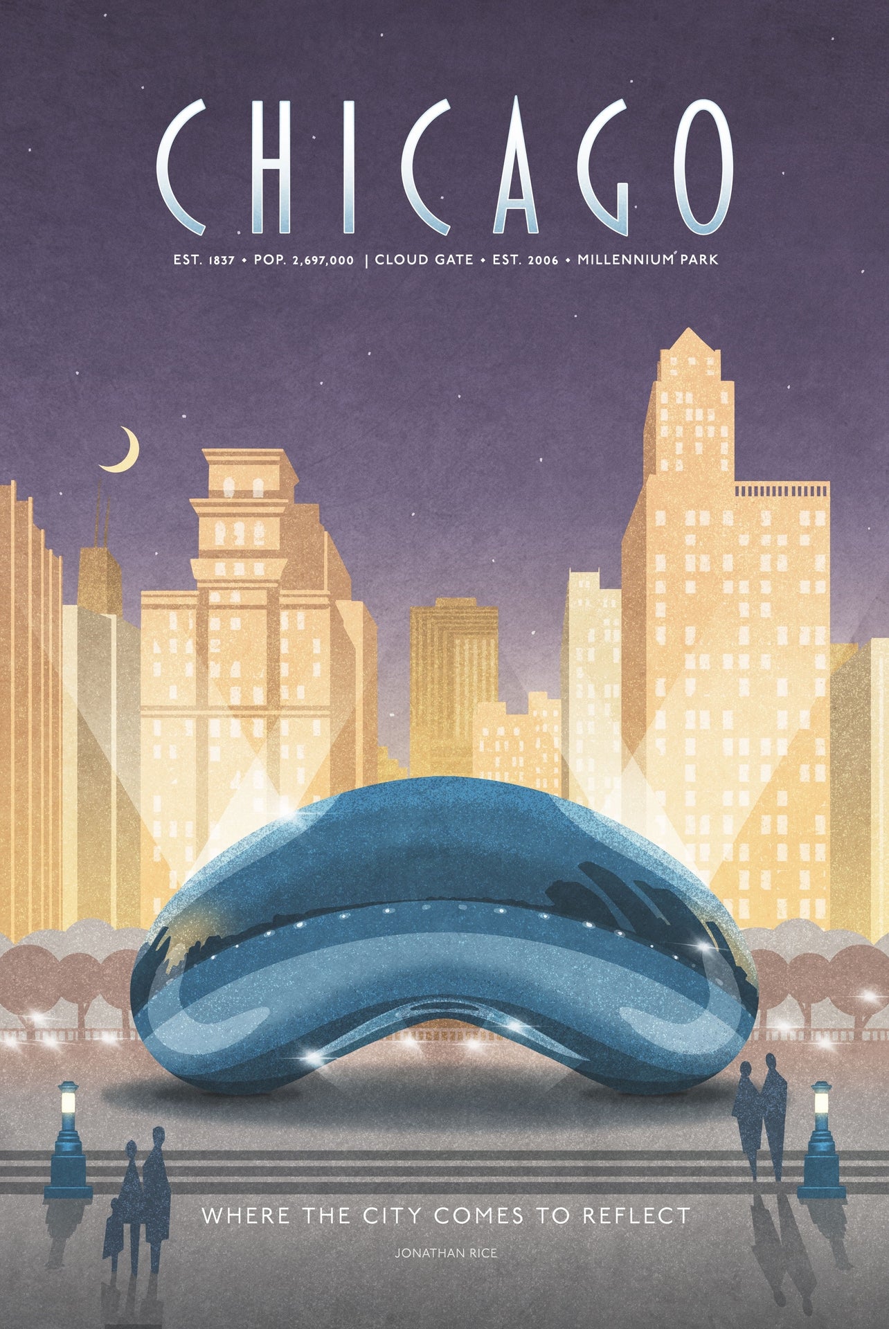 Chicago Cloud Gate poster at night with skyline reflection in Millennium Park, vintage style travel print