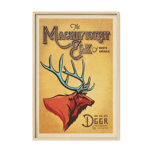 Magnificent Elk vintage wildlife poster in a natural oak frame featuring colorful North American elk illustration