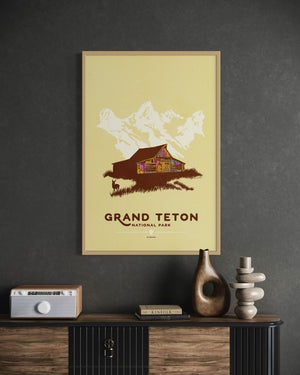 Grand Teton National Park travel poster oak frame office mockup