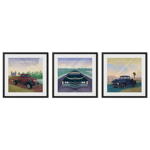 Western vintage vehicle gallery set of three featuring Chevy, Cadillac and Ford in black frames